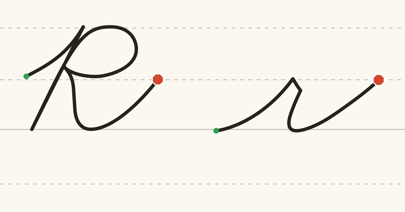 The cursive capital R and lowercase r on handwriting guidelines, each with a green starting dot and a red stop sign