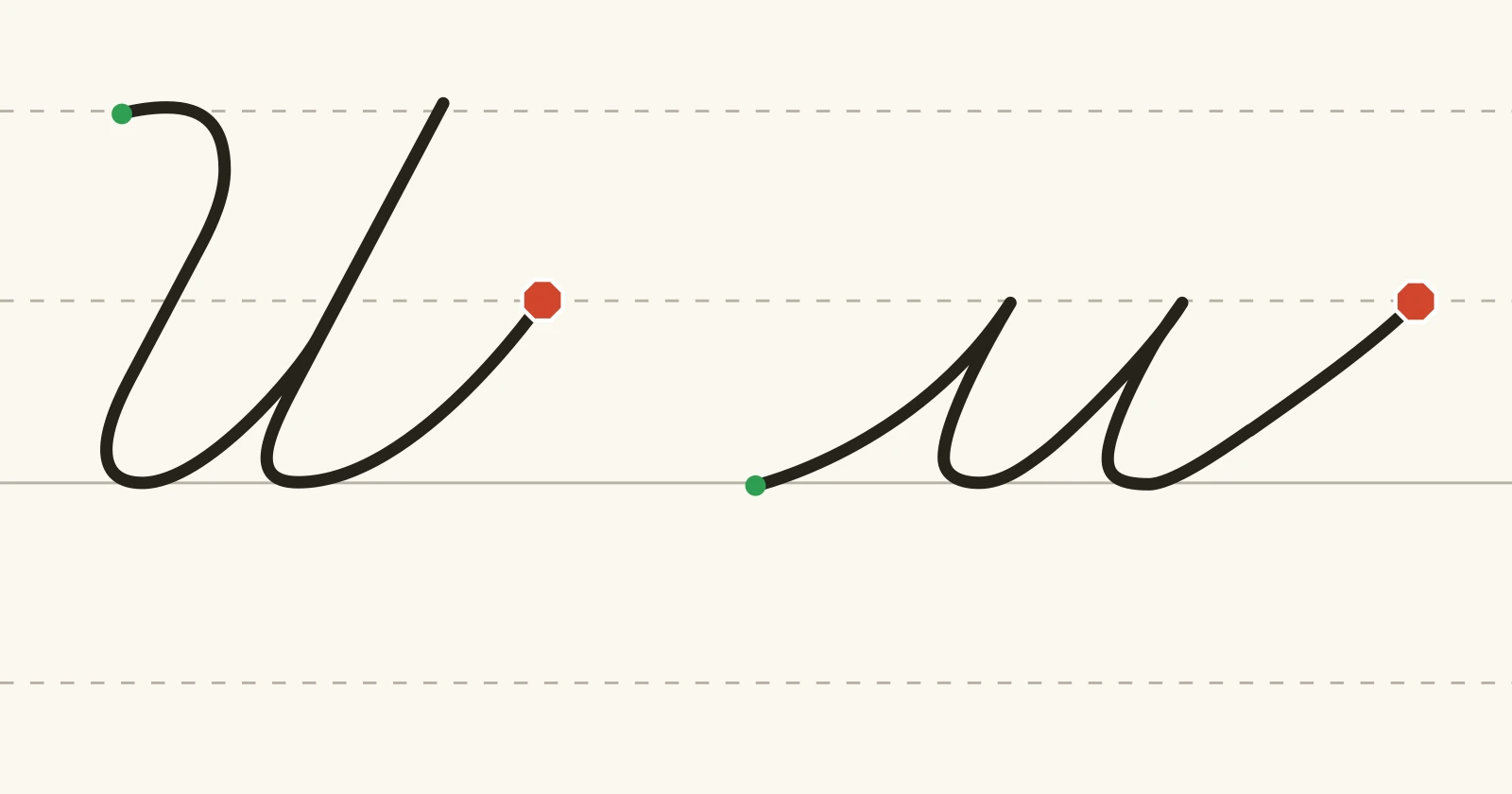 The cursive capital U and lowercase u on handwriting guidelines, each with a green starting dot and a red stop sign