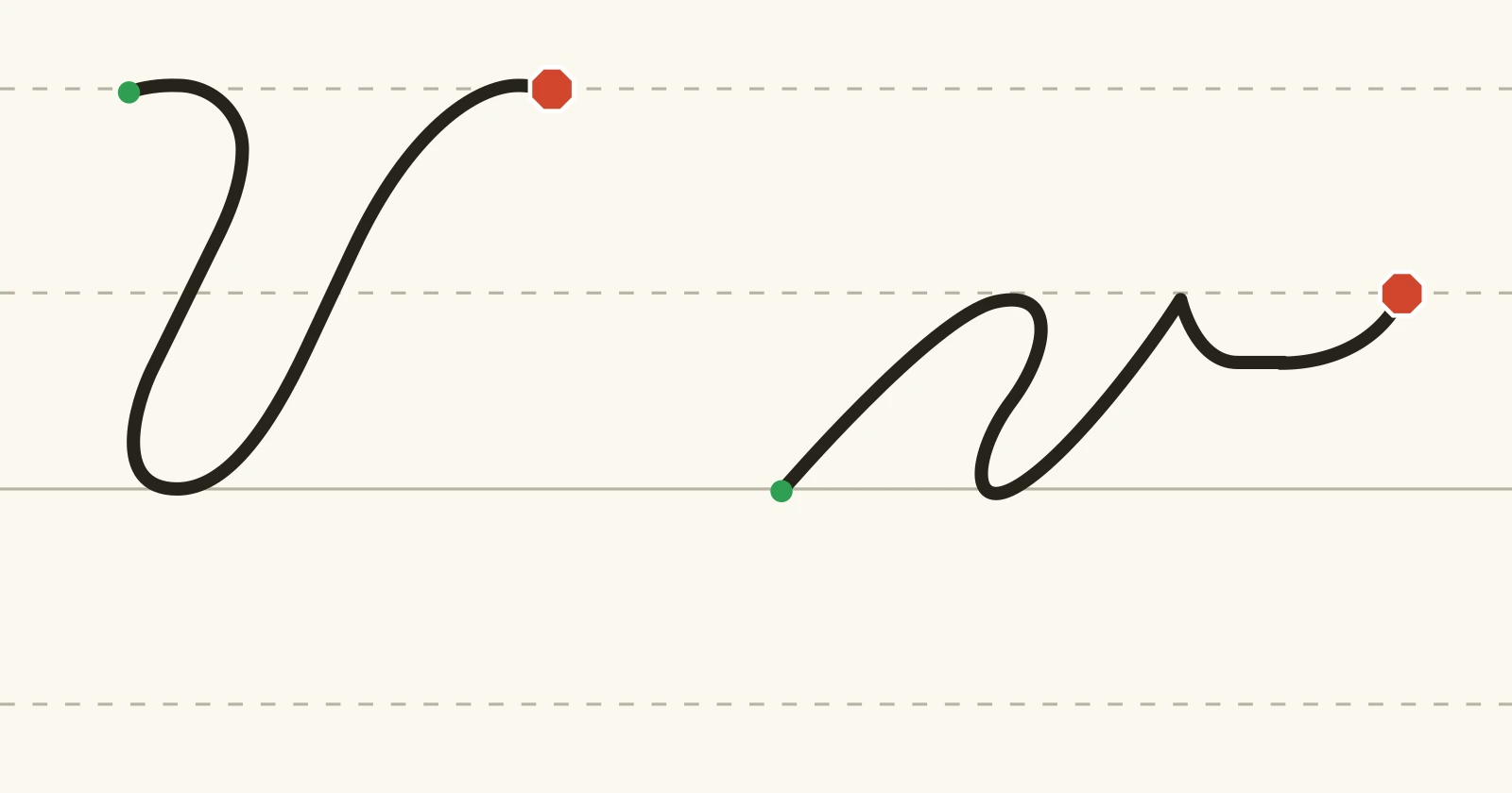 The cursive capital V and lowercase v on handwriting guidelines, each with a green starting dot and a red stop sign