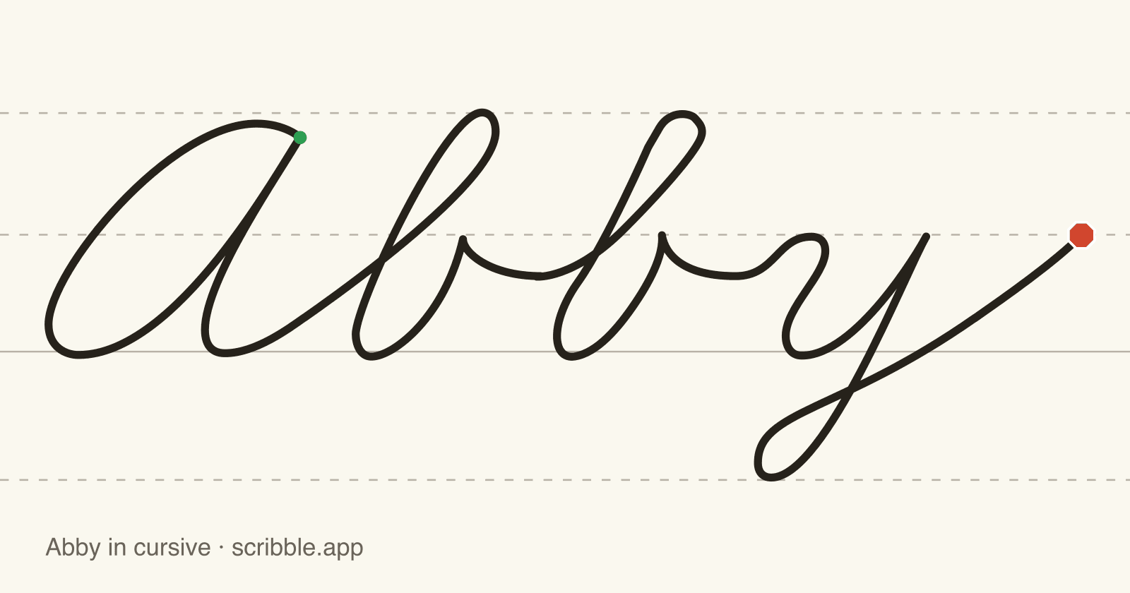 Abby written in cursive on handwriting guidelines, with a green starting dot and a red stop sign