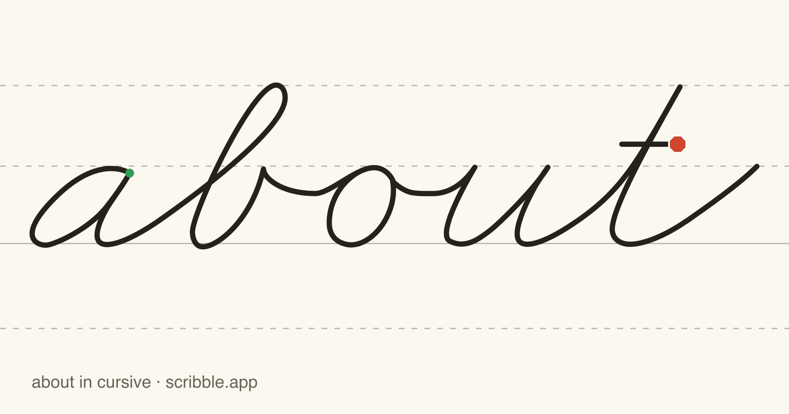 about written in cursive on handwriting guidelines, with a green starting dot and a red stop sign