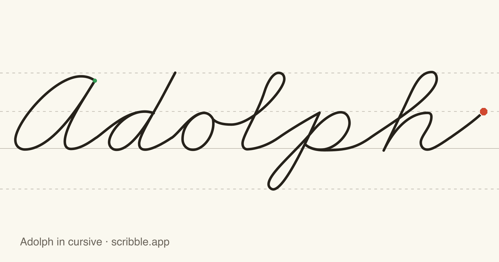 Adolph written in cursive on handwriting guidelines, with a green starting dot and a red stop sign