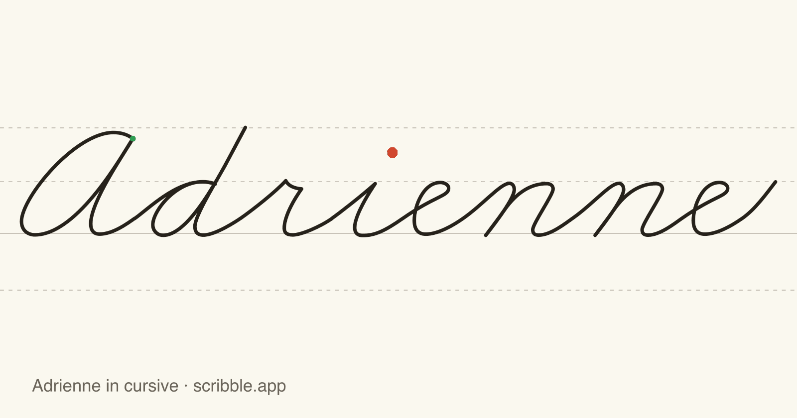 Adrienne written in cursive on handwriting guidelines, with a green starting dot and a red stop sign