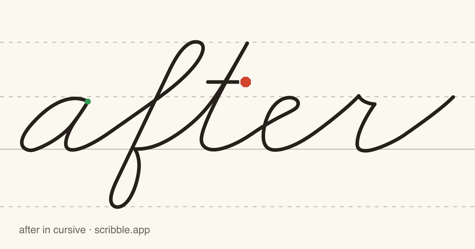 after written in cursive on handwriting guidelines, with a green starting dot and a red stop sign