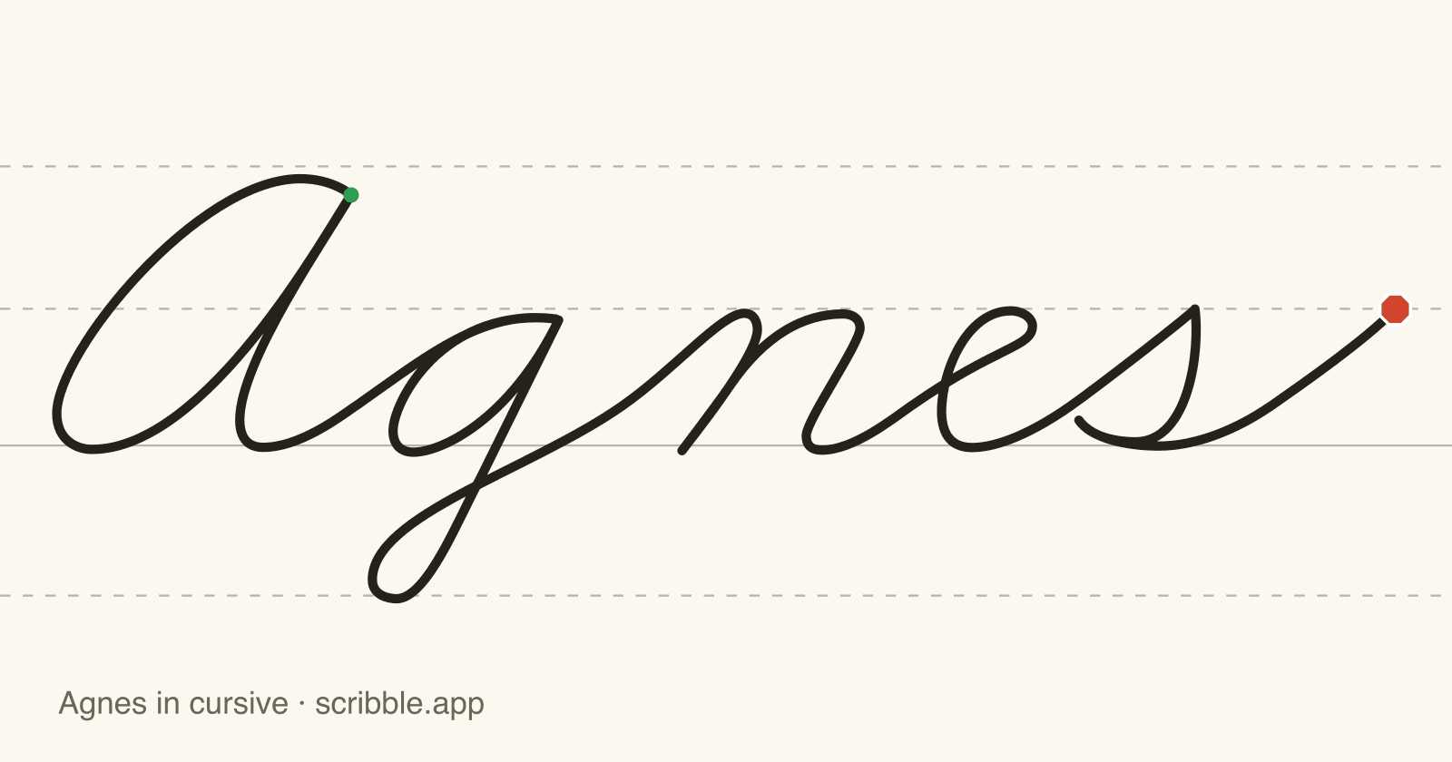 Agnes written in cursive on handwriting guidelines, with a green starting dot and a red stop sign