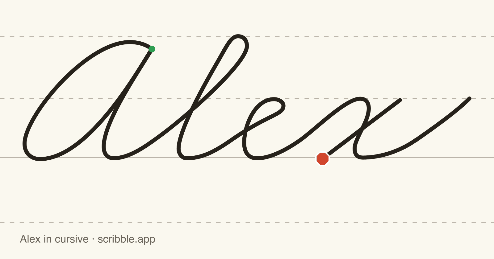 Alex written in cursive on handwriting guidelines, with a green starting dot and a red stop sign