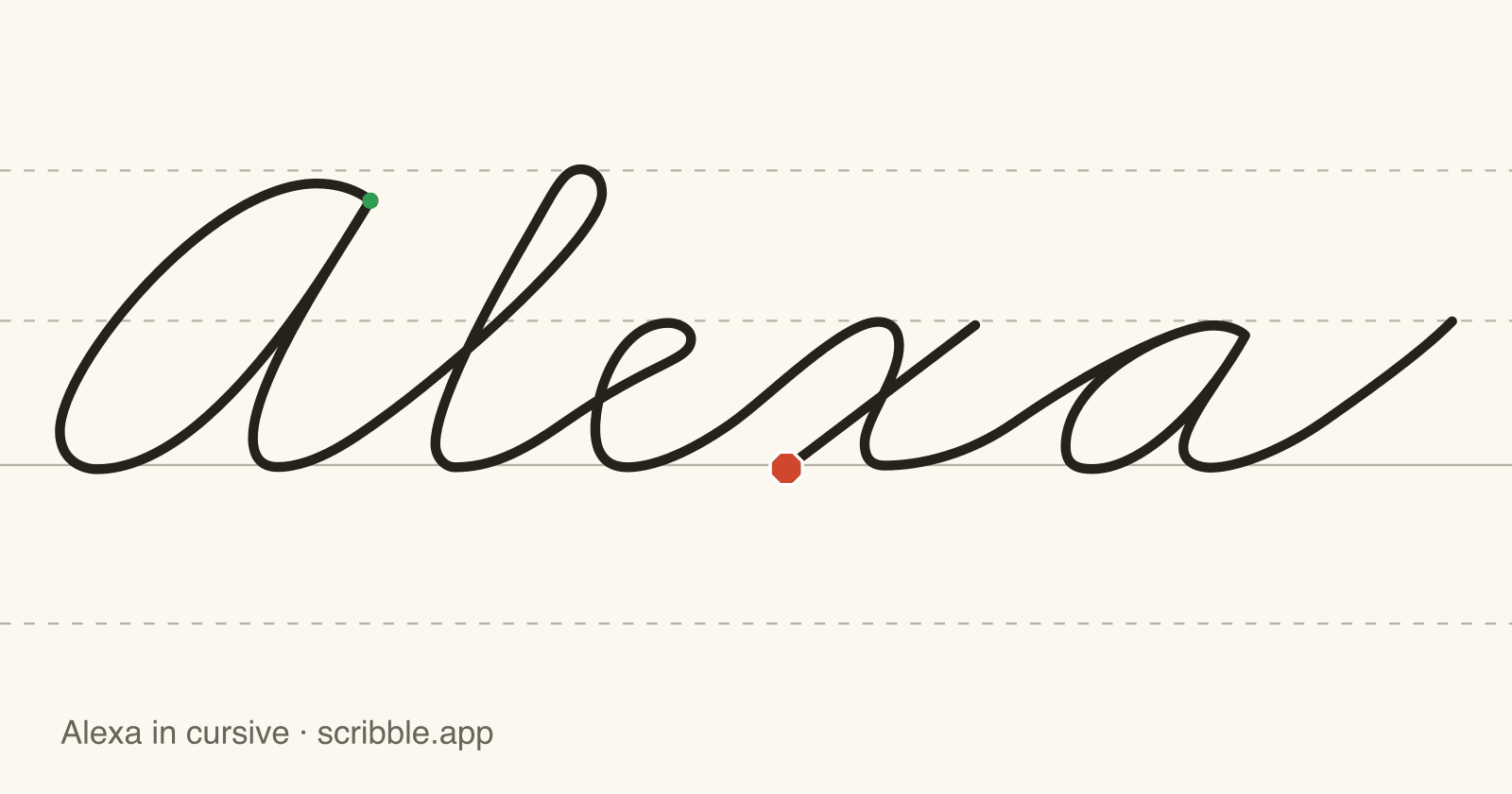 Alexa written in cursive on handwriting guidelines, with a green starting dot and a red stop sign