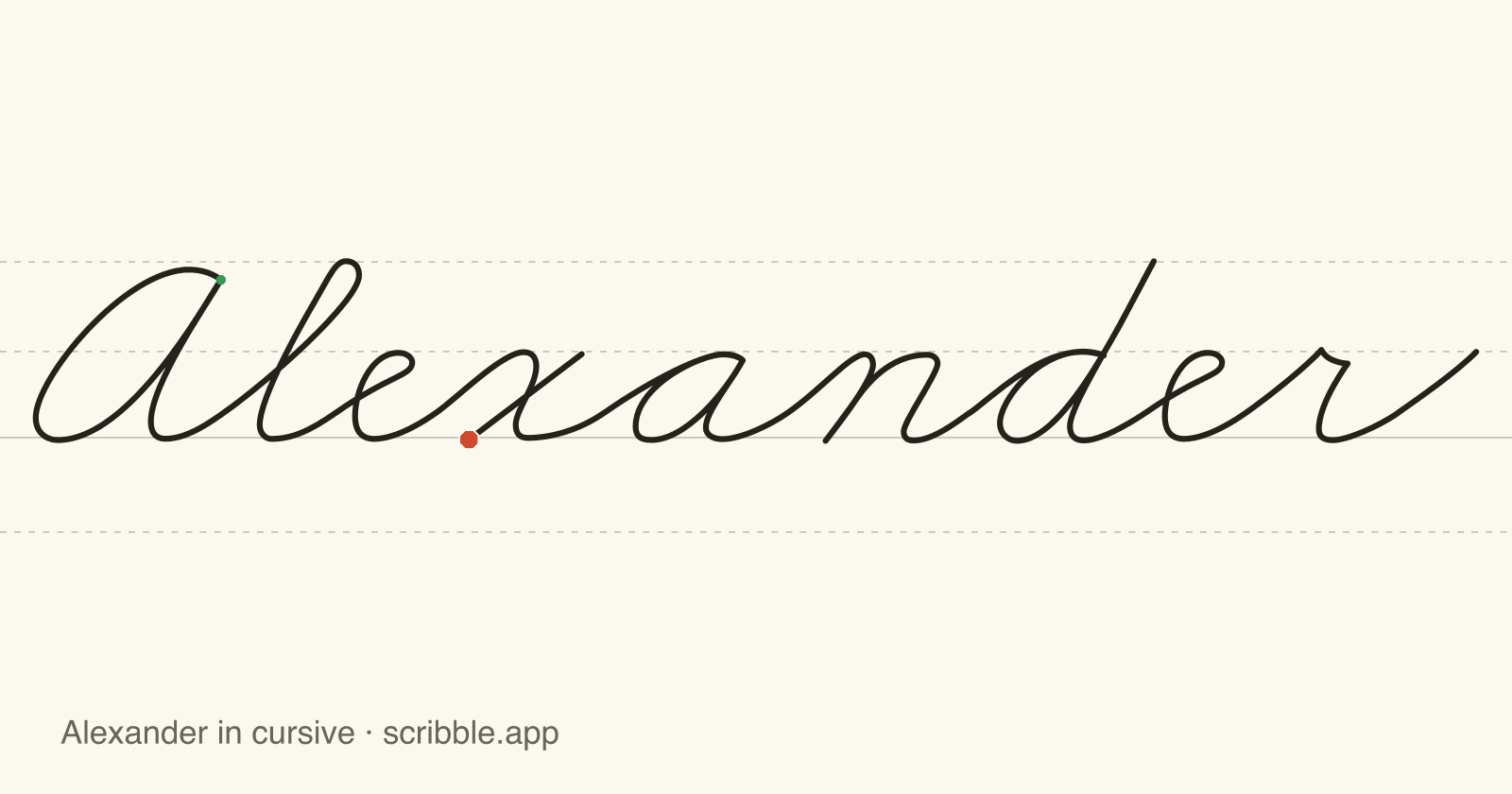 Alexander written in cursive on handwriting guidelines, with a green starting dot and a red stop sign