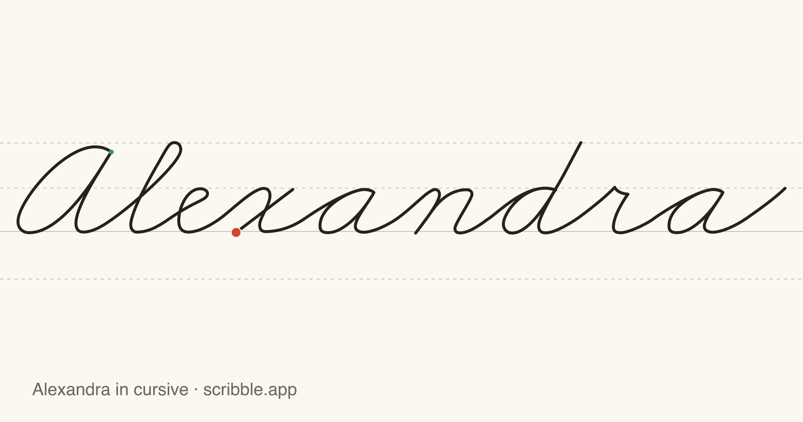 Alexandra written in cursive on handwriting guidelines, with a green starting dot and a red stop sign