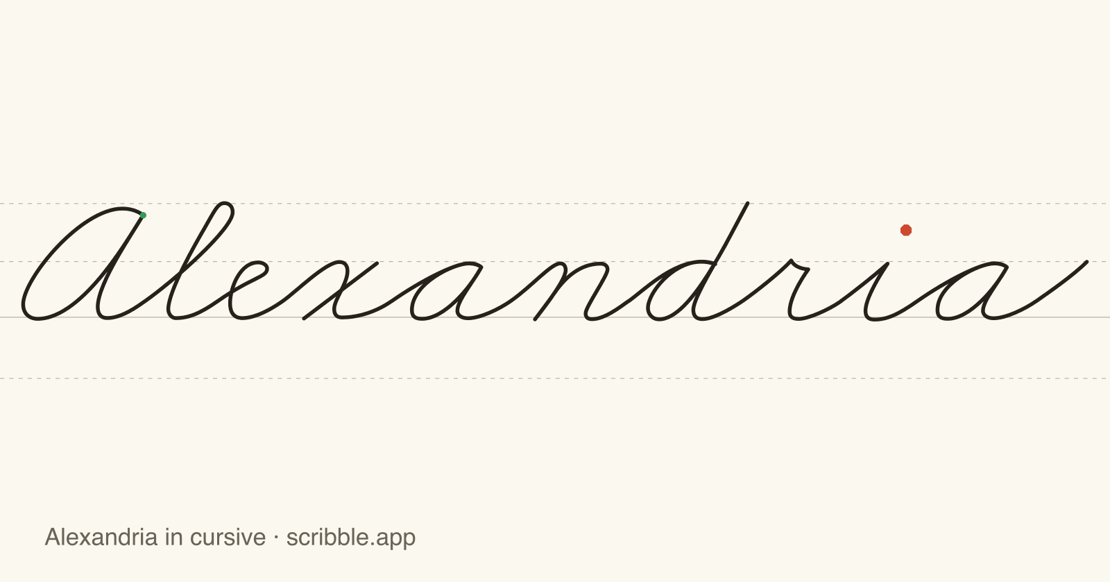 Alexandria written in cursive on handwriting guidelines, with a green starting dot and a red stop sign