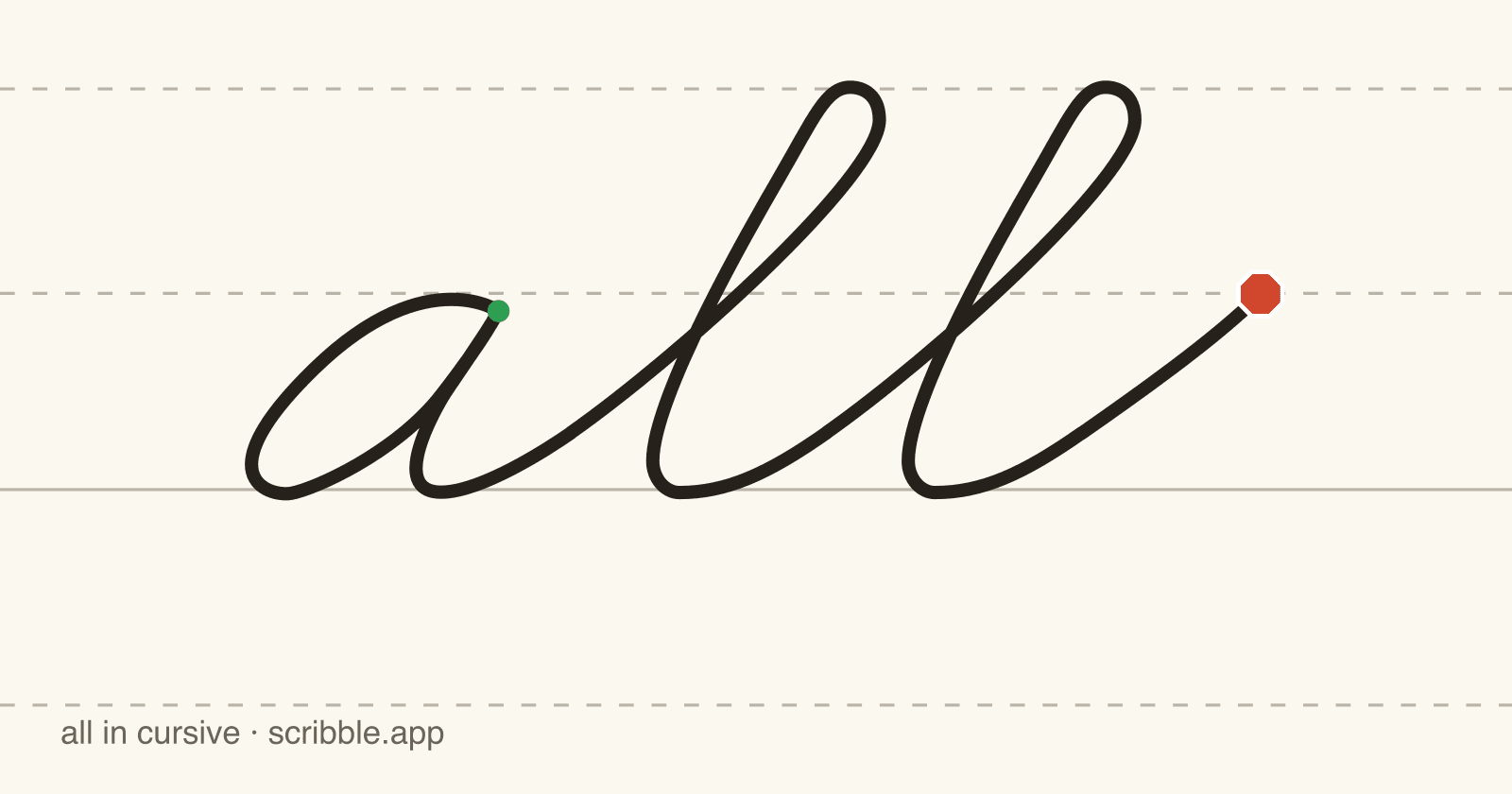 all written in cursive on handwriting guidelines, with a green starting dot and a red stop sign