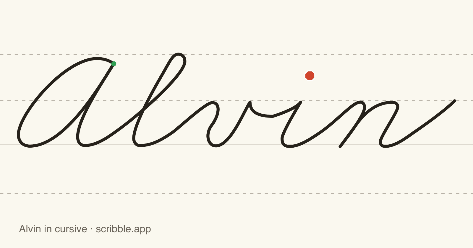 Alvin written in cursive on handwriting guidelines, with a green starting dot and a red stop sign