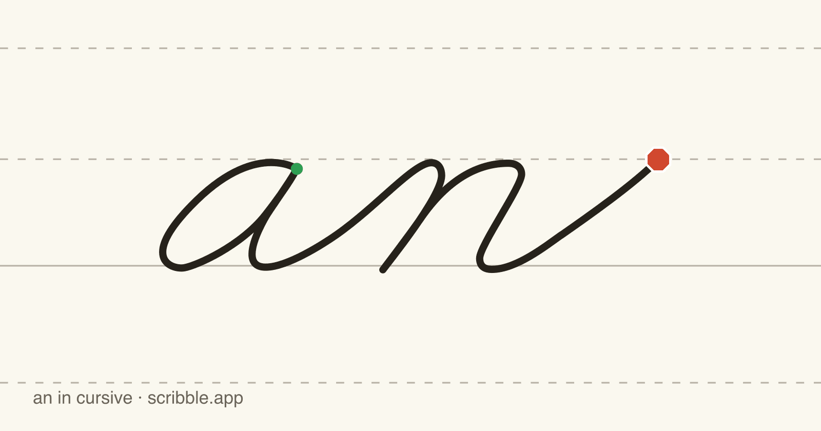 an written in cursive on handwriting guidelines, with a green starting dot and a red stop sign