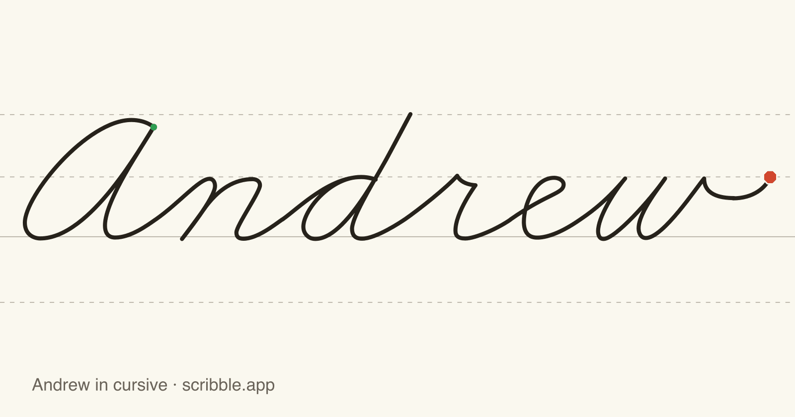 Andrew written in cursive on handwriting guidelines, with a green starting dot and a red stop sign