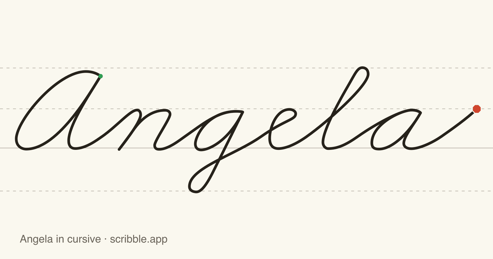 Angela written in cursive on handwriting guidelines, with a green starting dot and a red stop sign