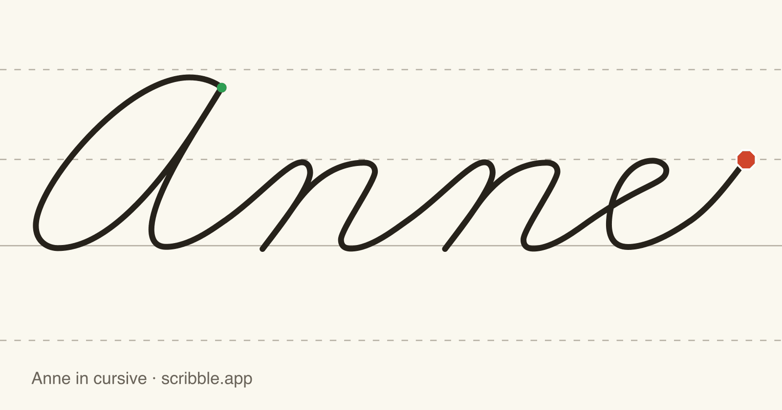 Anne written in cursive on handwriting guidelines, with a green starting dot and a red stop sign