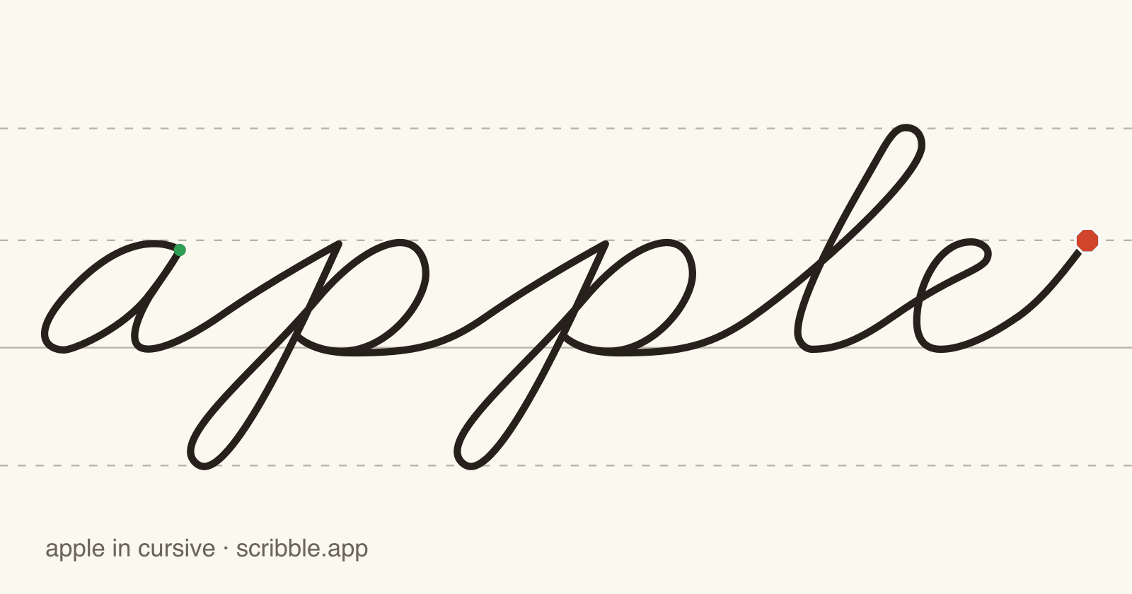 apple written in cursive on handwriting guidelines, with a green starting dot and a red stop sign