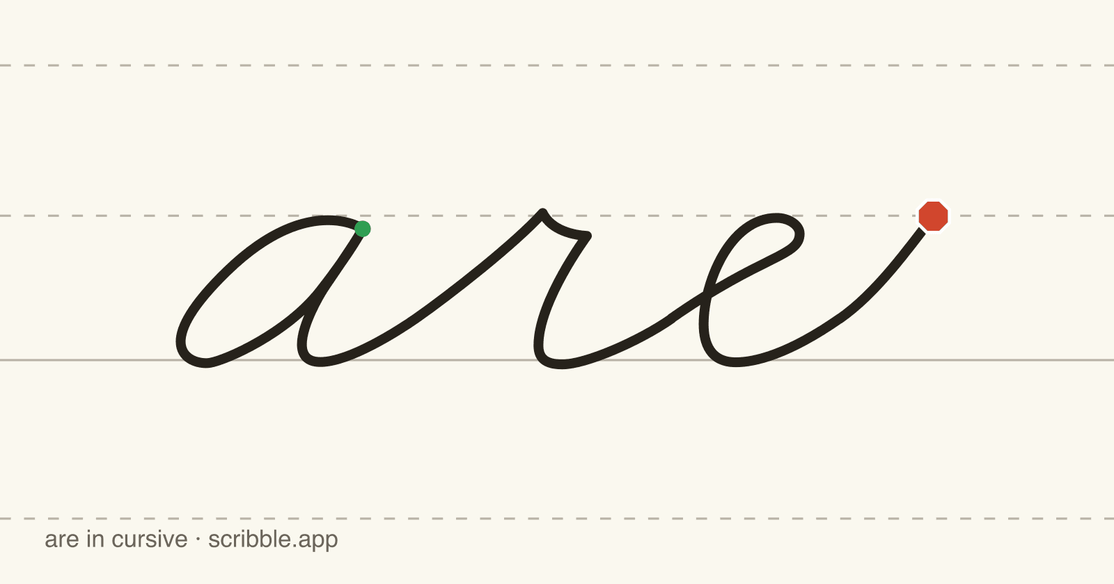are written in cursive on handwriting guidelines, with a green starting dot and a red stop sign