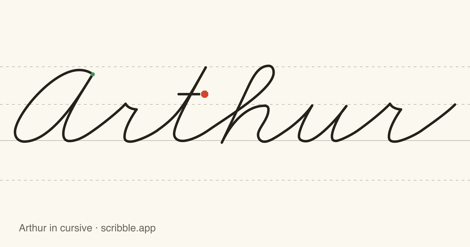 Arthur written in cursive on handwriting guidelines, with a green starting dot and a red stop sign