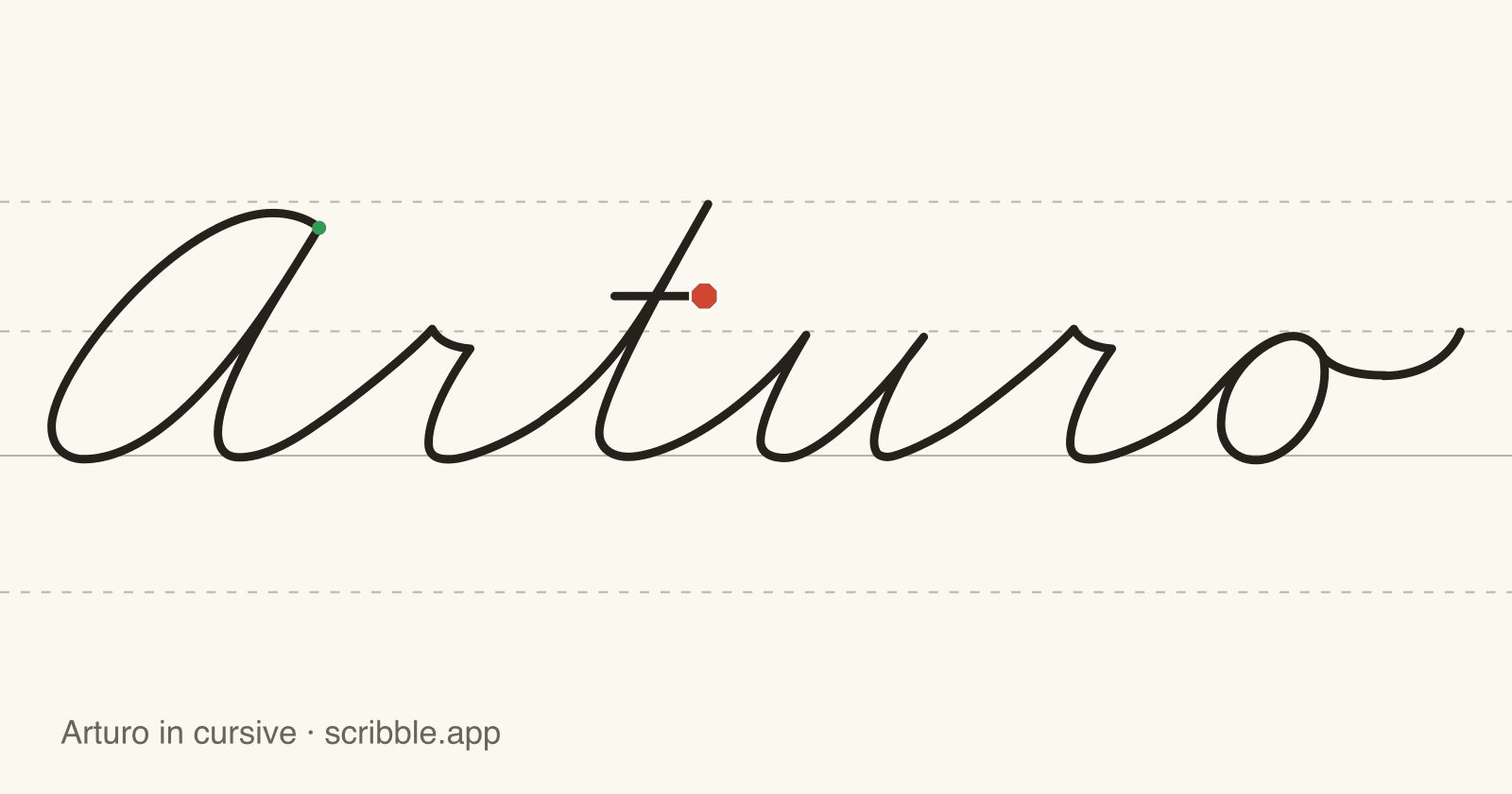 Arturo written in cursive on handwriting guidelines, with a green starting dot and a red stop sign
