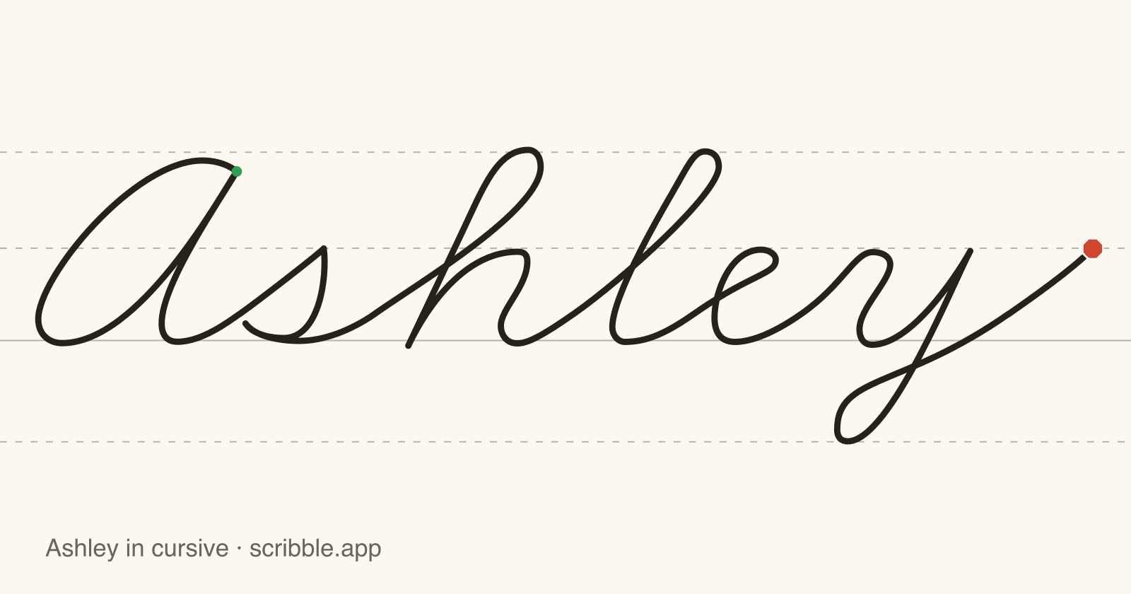 Ashley written in cursive on handwriting guidelines, with a green starting dot and a red stop sign