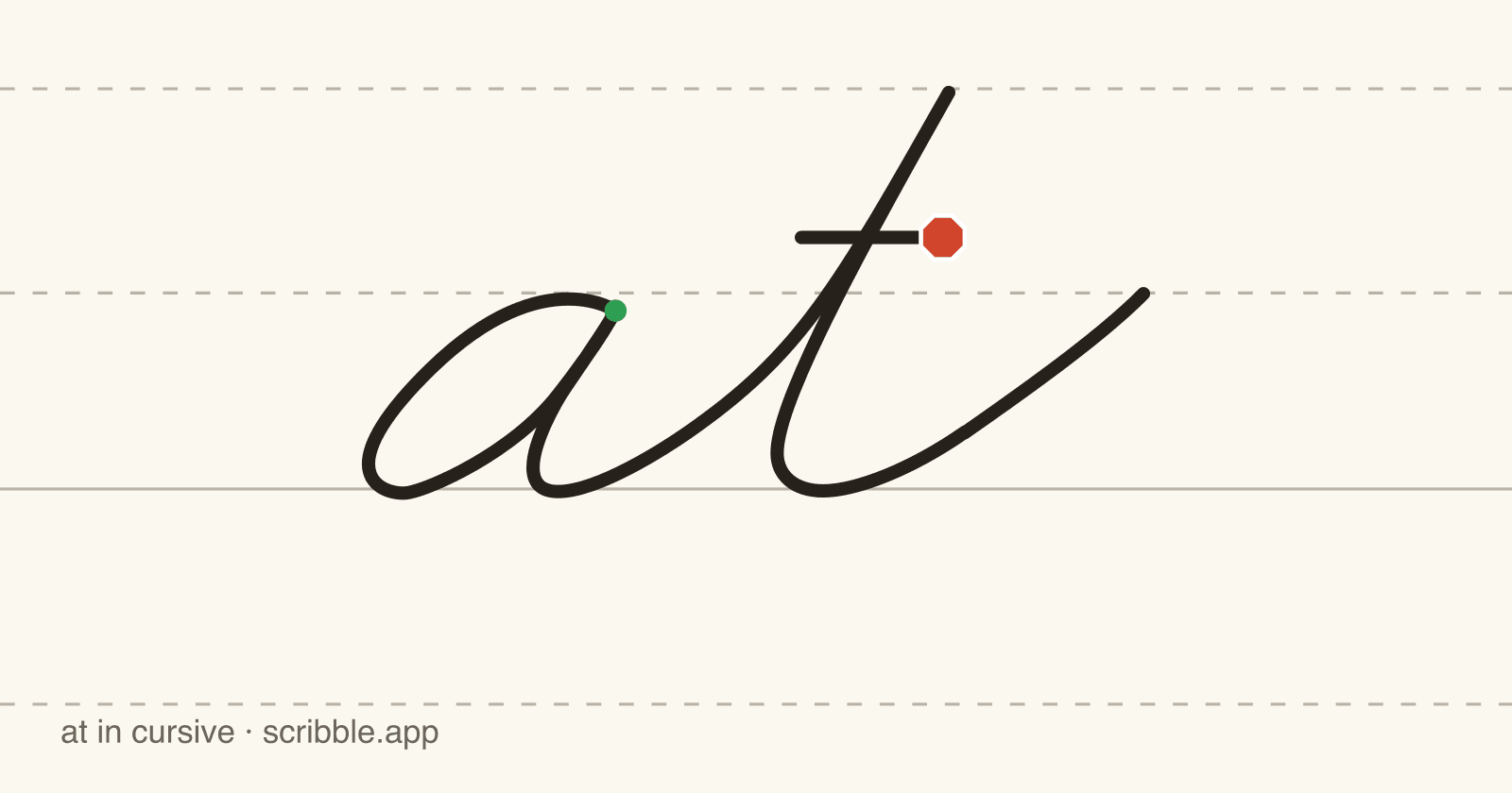 at written in cursive on handwriting guidelines, with a green starting dot and a red stop sign