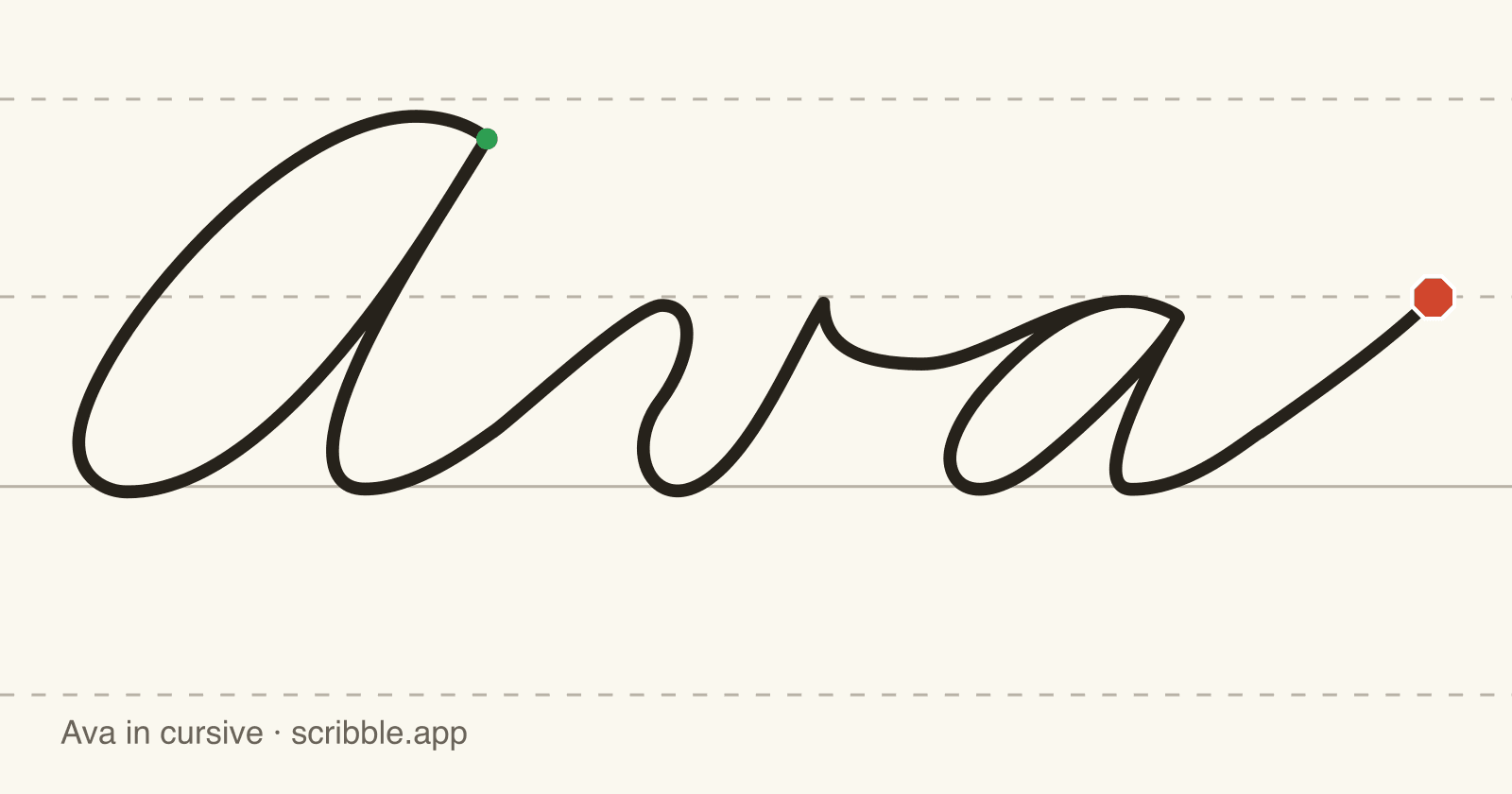 Ava written in cursive on handwriting guidelines, with a green starting dot and a red stop sign