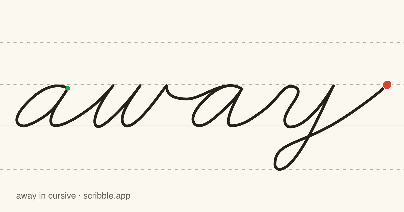 away written in cursive on handwriting guidelines, with a green starting dot and a red stop sign