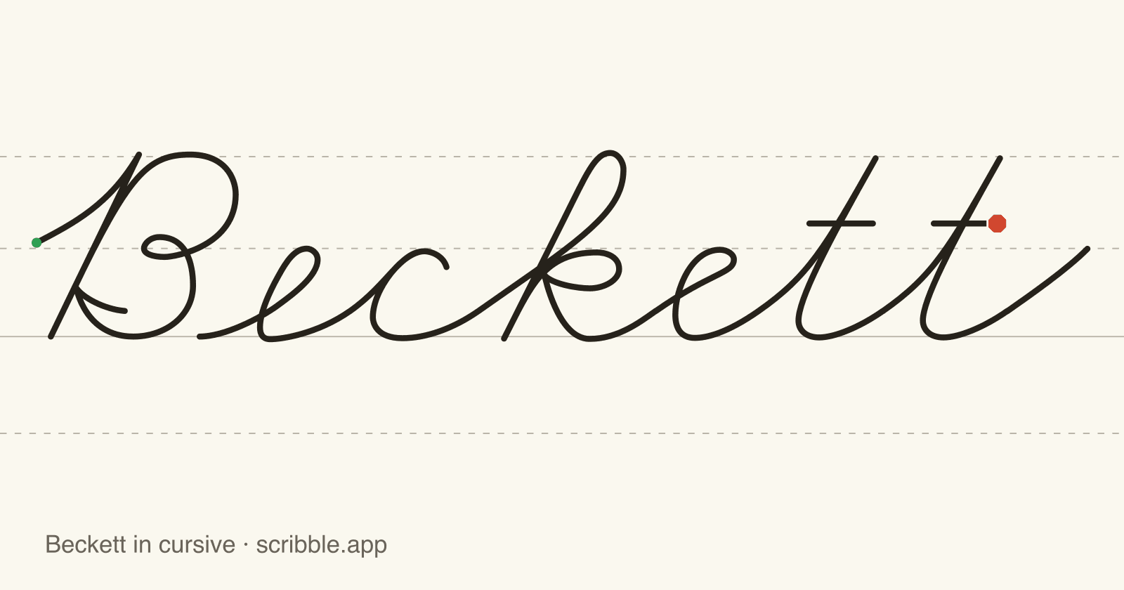 Beckett written in cursive on handwriting guidelines, with a green starting dot and a red stop sign