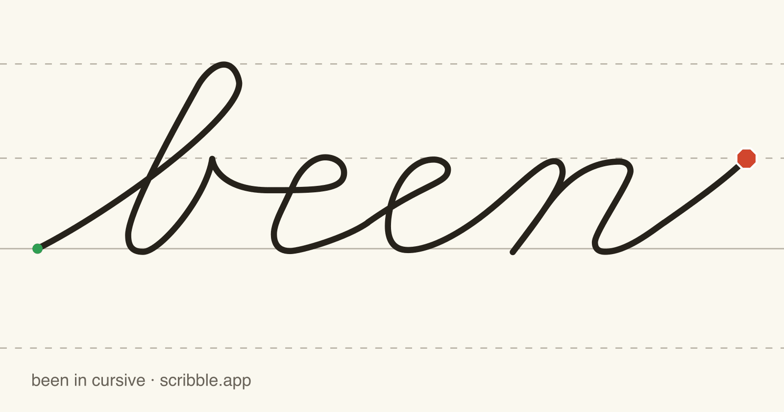 been written in cursive on handwriting guidelines, with a green starting dot and a red stop sign