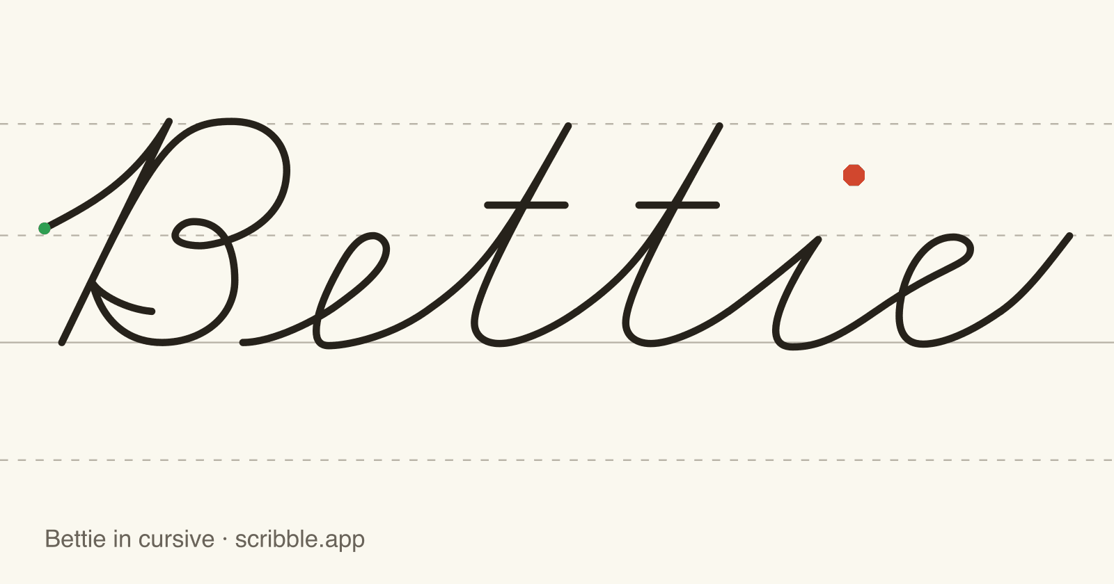 Bettie written in cursive on handwriting guidelines, with a green starting dot and a red stop sign