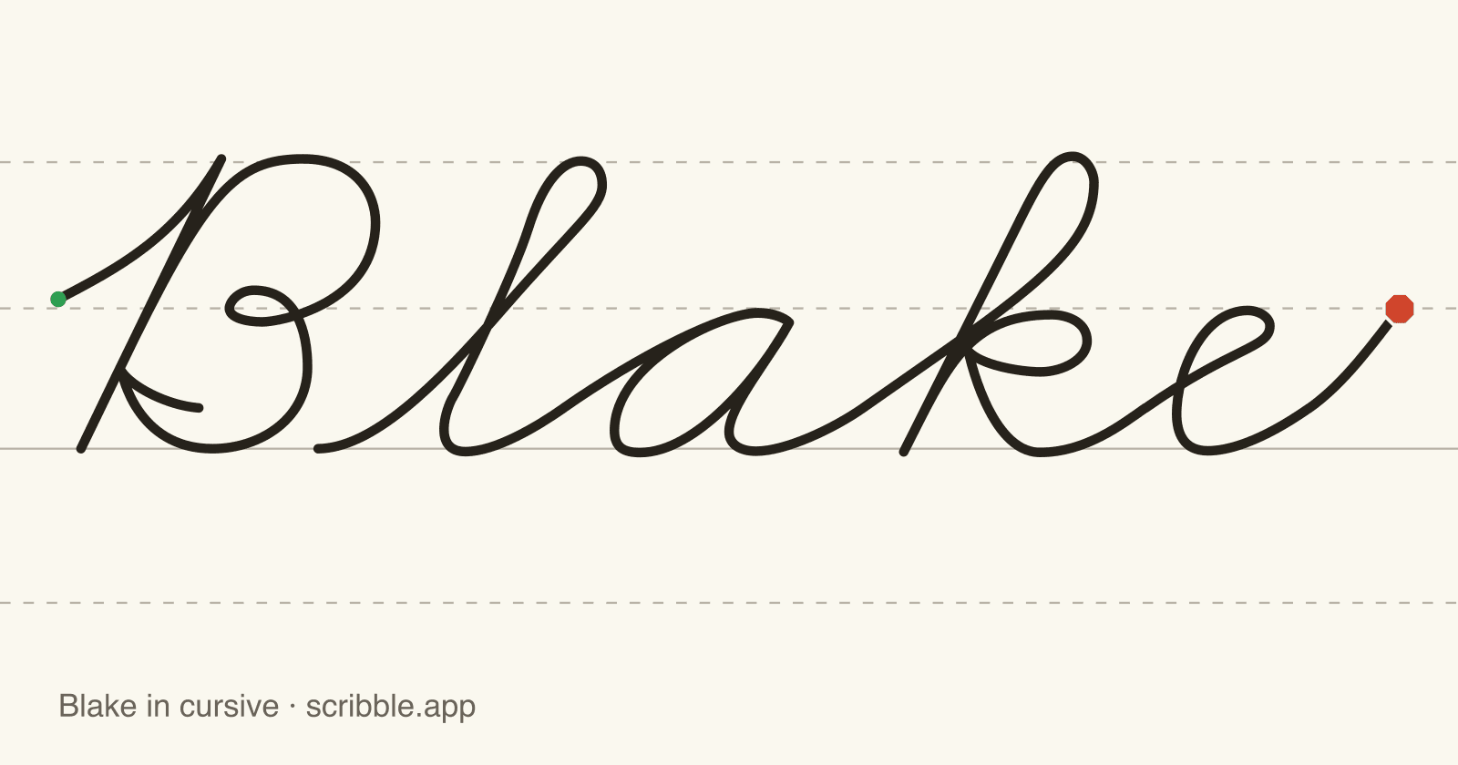 Blake written in cursive on handwriting guidelines, with a green starting dot and a red stop sign