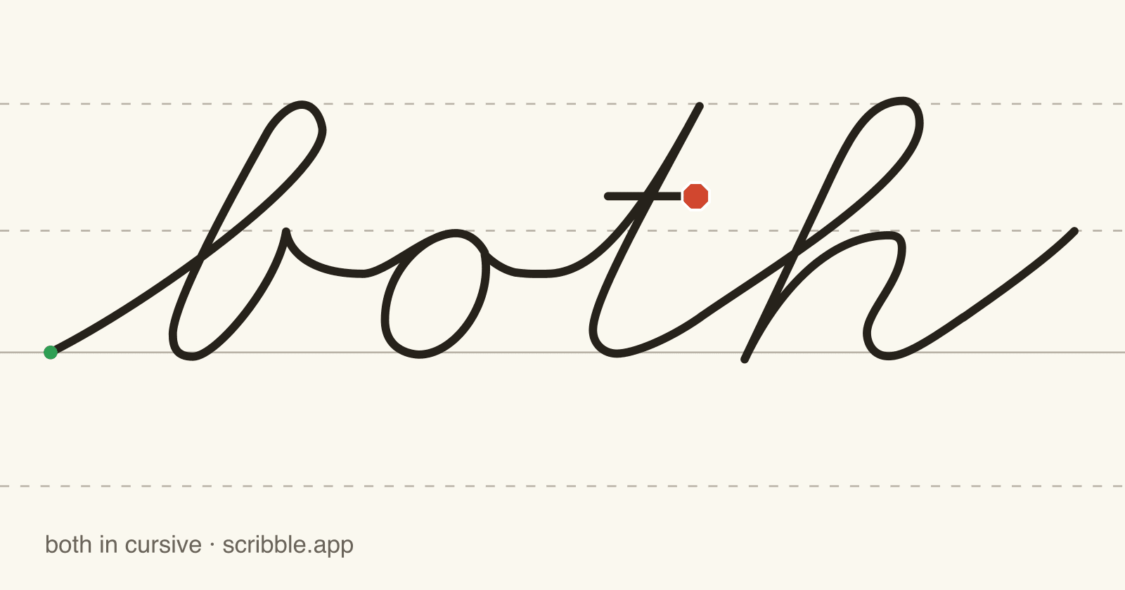 both written in cursive on handwriting guidelines, with a green starting dot and a red stop sign