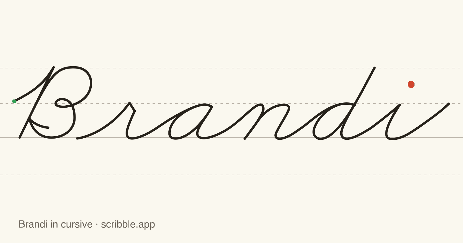 Brandi written in cursive on handwriting guidelines, with a green starting dot and a red stop sign