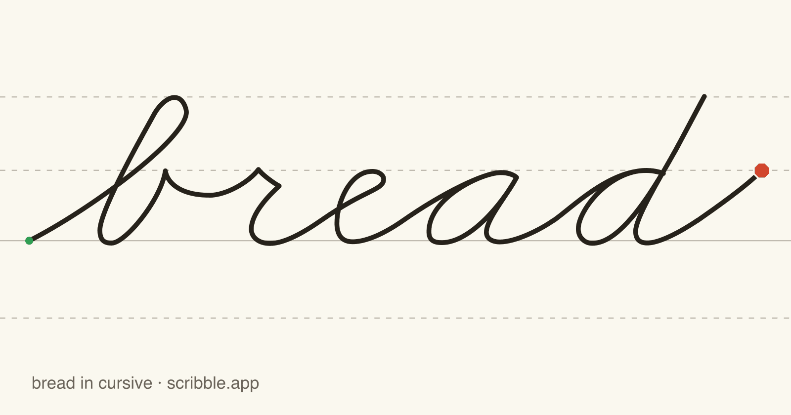 bread written in cursive on handwriting guidelines, with a green starting dot and a red stop sign