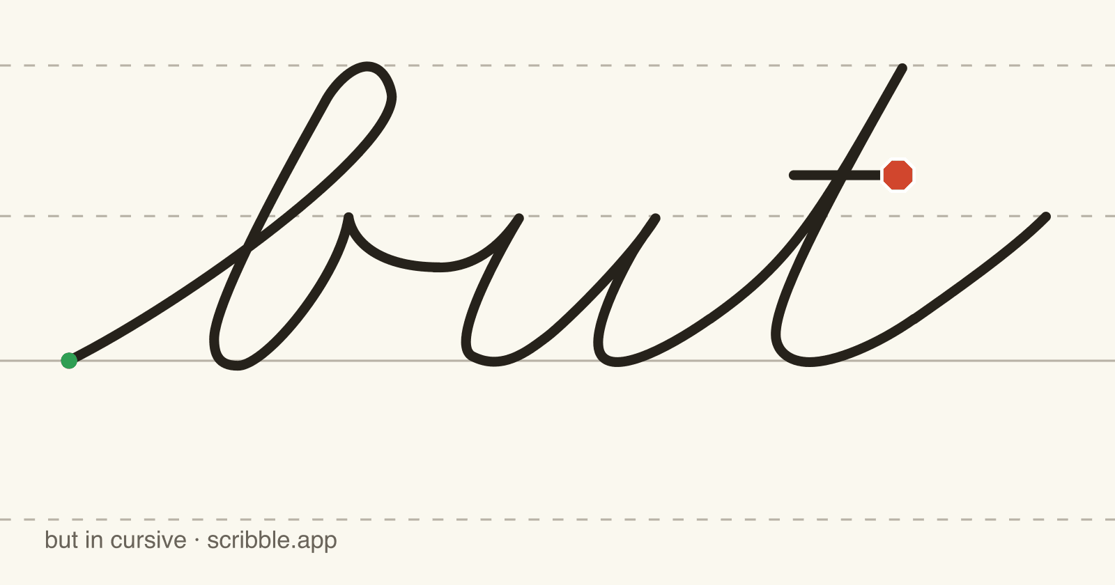 but written in cursive on handwriting guidelines, with a green starting dot and a red stop sign