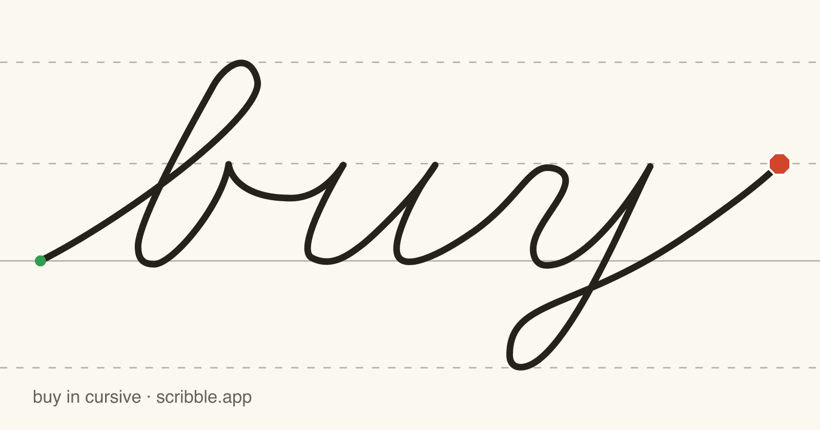 buy written in cursive on handwriting guidelines, with a green starting dot and a red stop sign