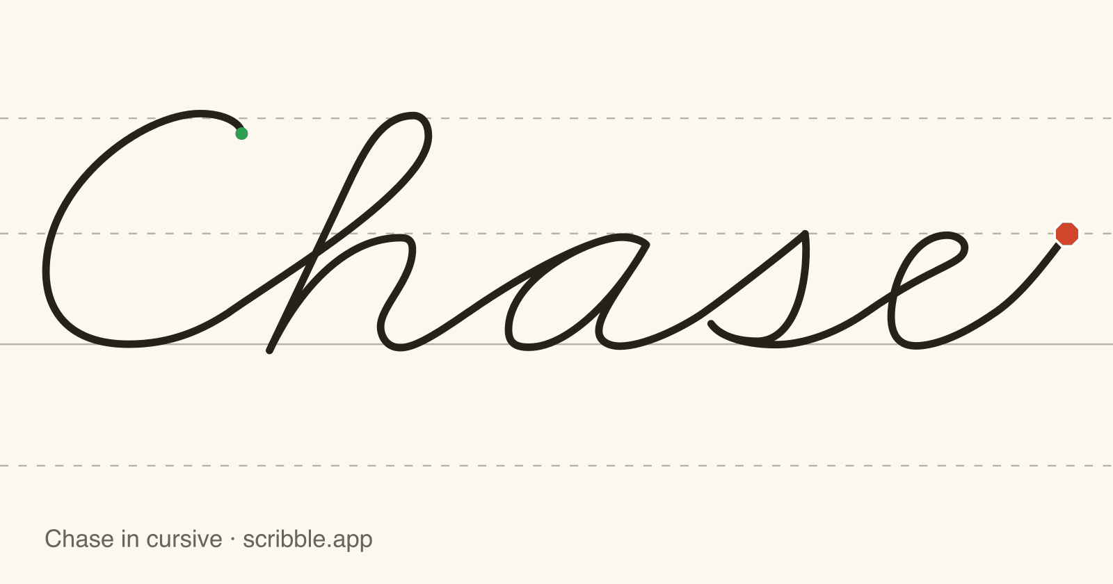Chase written in cursive on handwriting guidelines, with a green starting dot and a red stop sign