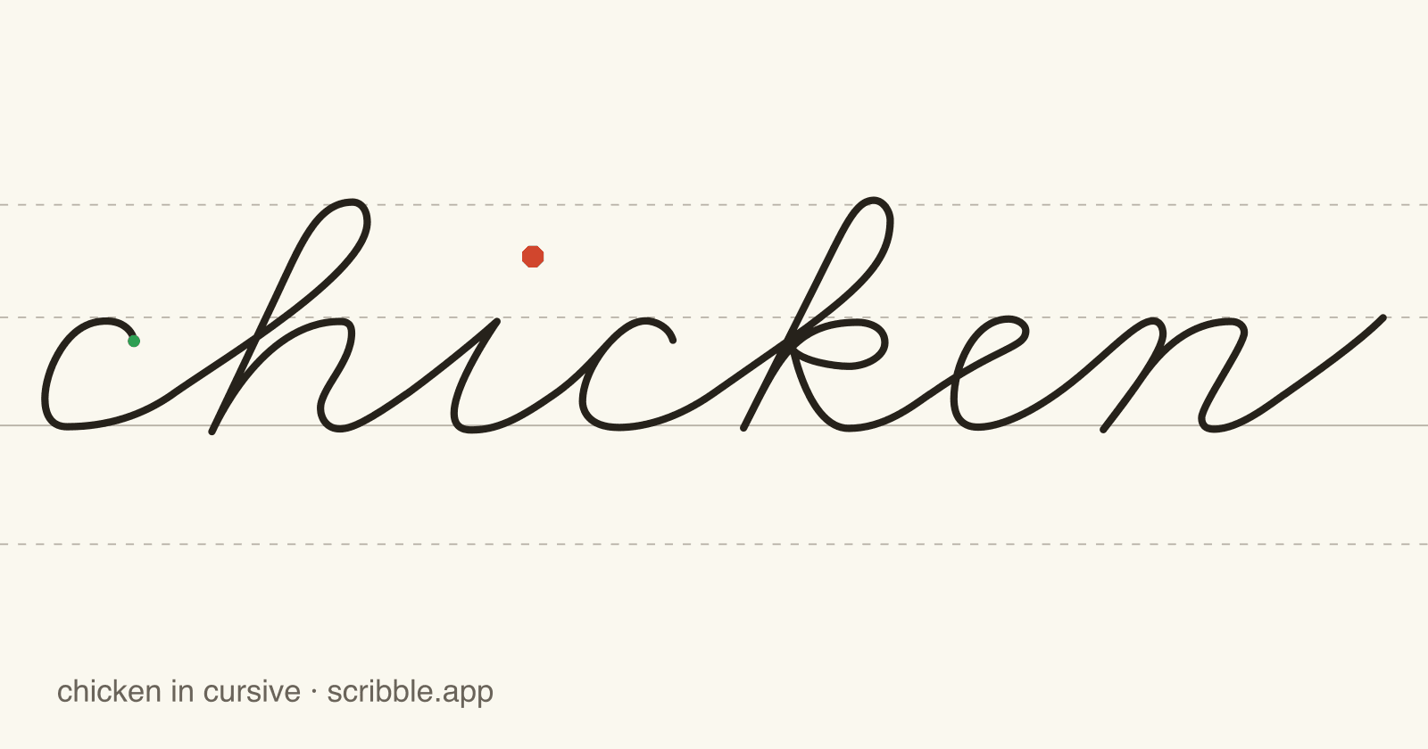 chicken written in cursive on handwriting guidelines, with a green starting dot and a red stop sign