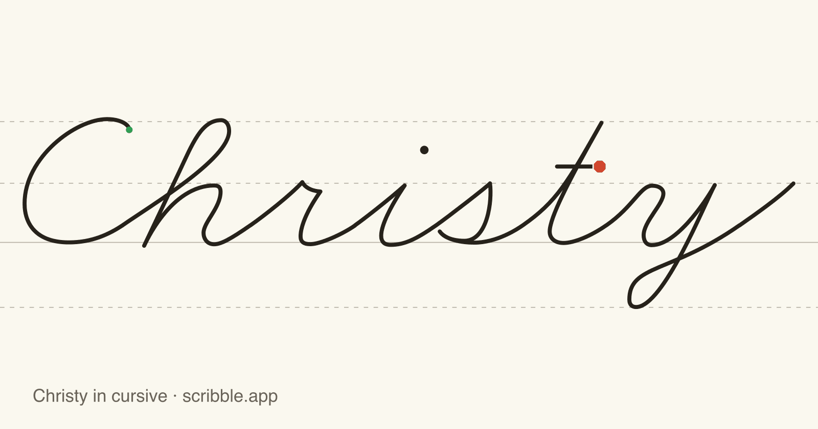 Christy written in cursive on handwriting guidelines, with a green starting dot and a red stop sign