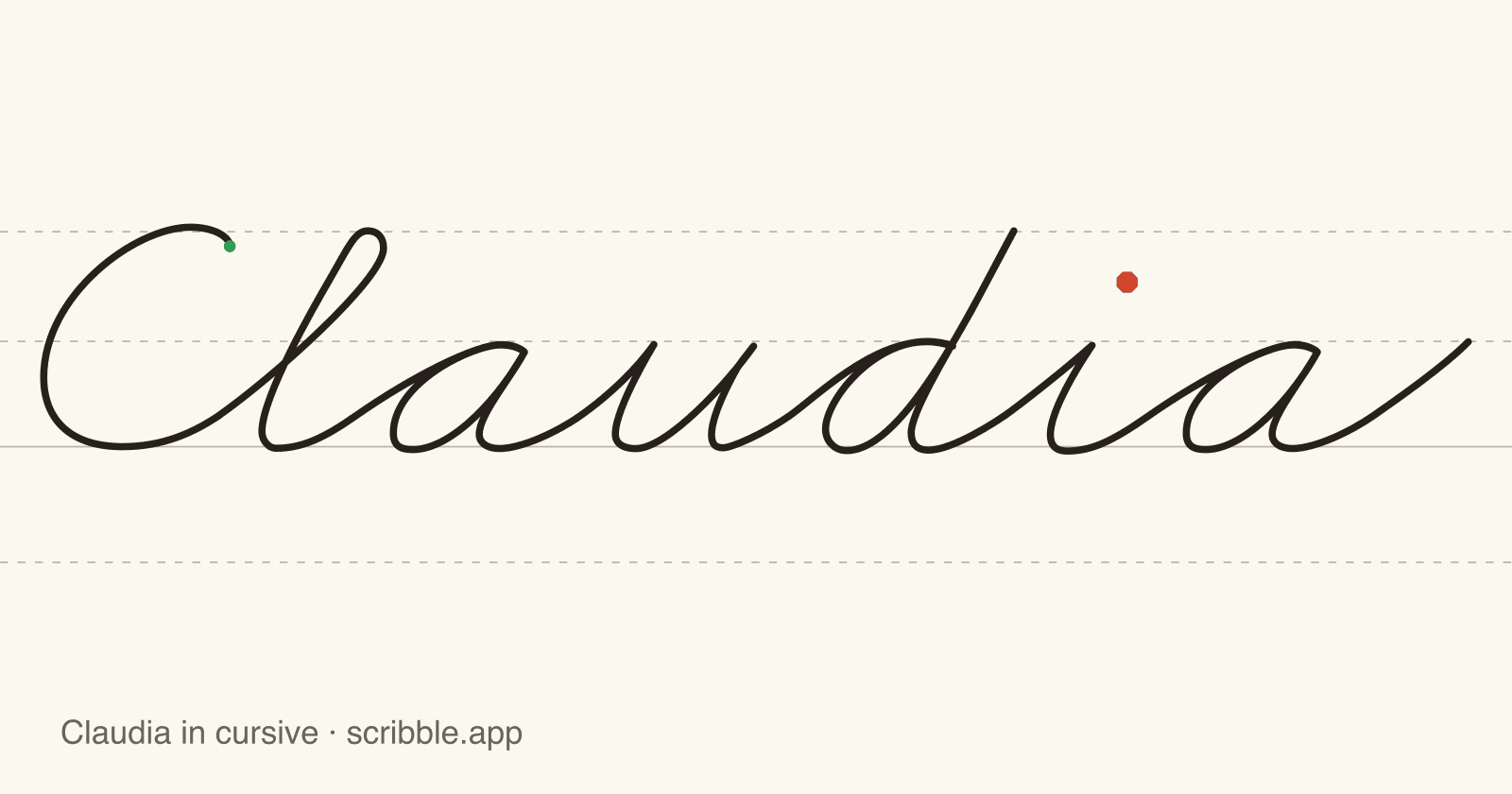 Claudia written in cursive on handwriting guidelines, with a green starting dot and a red stop sign