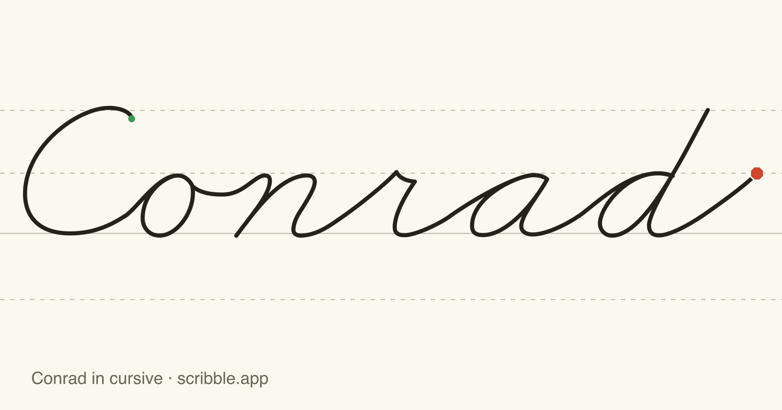Conrad written in cursive on handwriting guidelines, with a green starting dot and a red stop sign