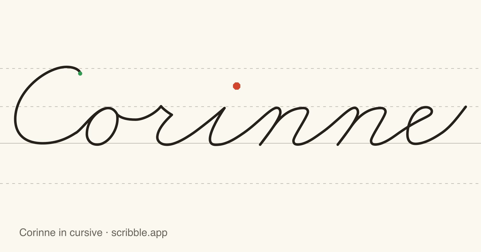 Corinne written in cursive on handwriting guidelines, with a green starting dot and a red stop sign