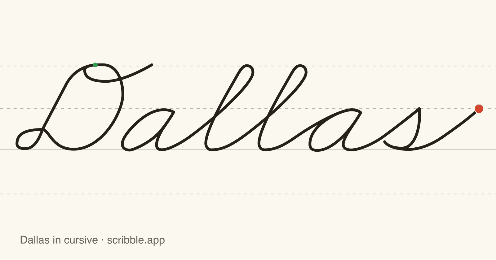 Dallas written in cursive on handwriting guidelines, with a green starting dot and a red stop sign