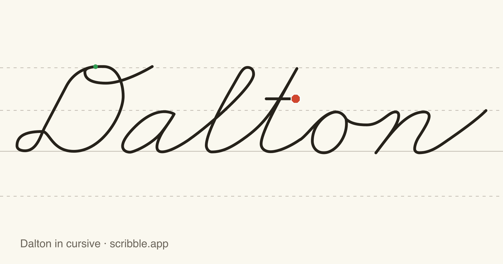 Dalton written in cursive on handwriting guidelines, with a green starting dot and a red stop sign