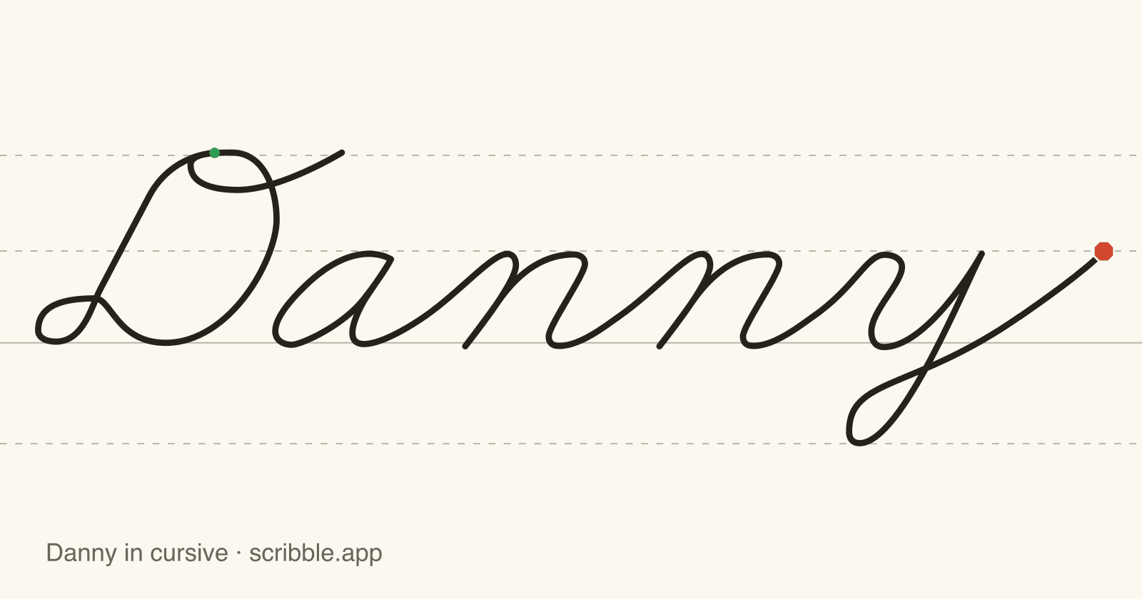 Danny written in cursive on handwriting guidelines, with a green starting dot and a red stop sign