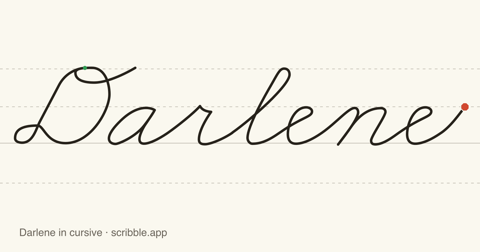 Darlene written in cursive on handwriting guidelines, with a green starting dot and a red stop sign