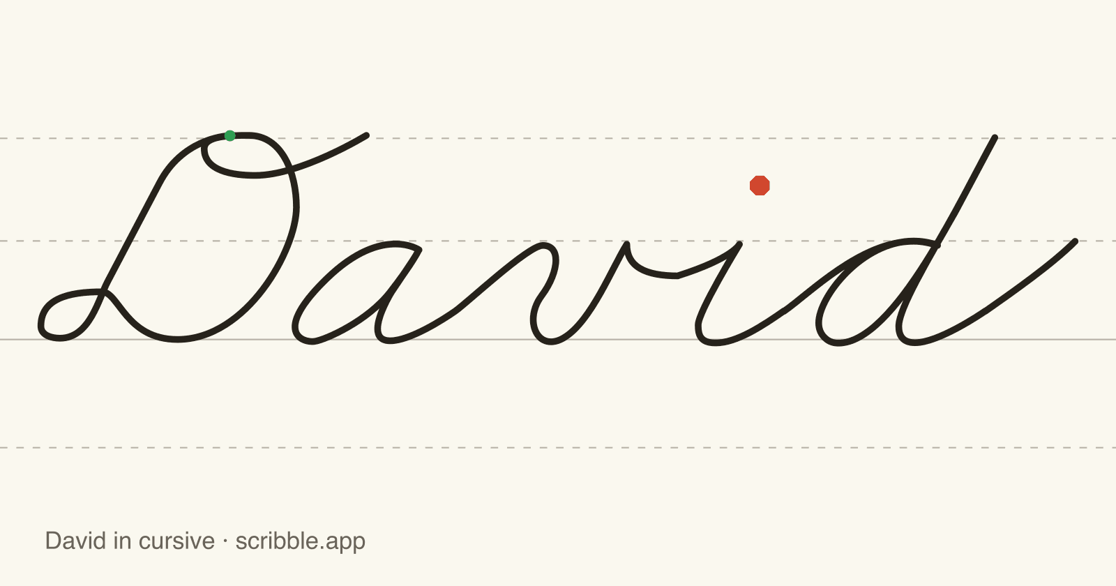 David written in cursive on handwriting guidelines, with a green starting dot and a red stop sign