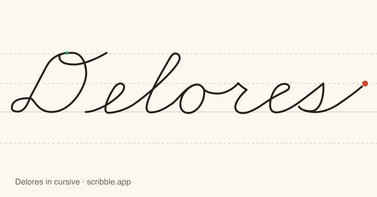 Delores written in cursive on handwriting guidelines, with a green starting dot and a red stop sign