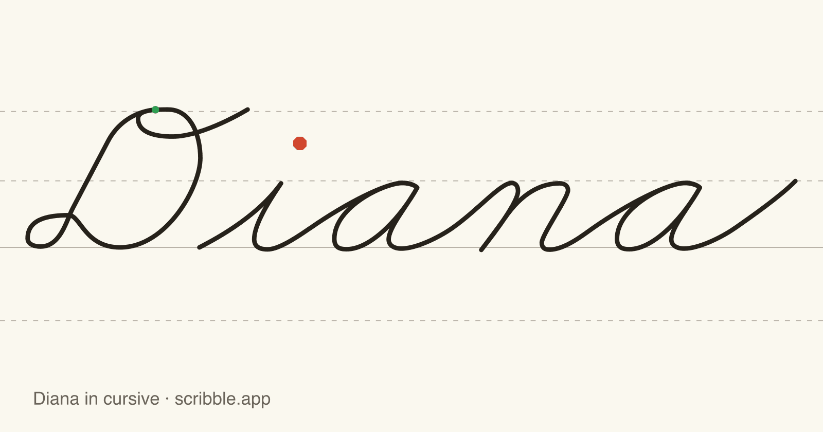 Diana written in cursive on handwriting guidelines, with a green starting dot and a red stop sign